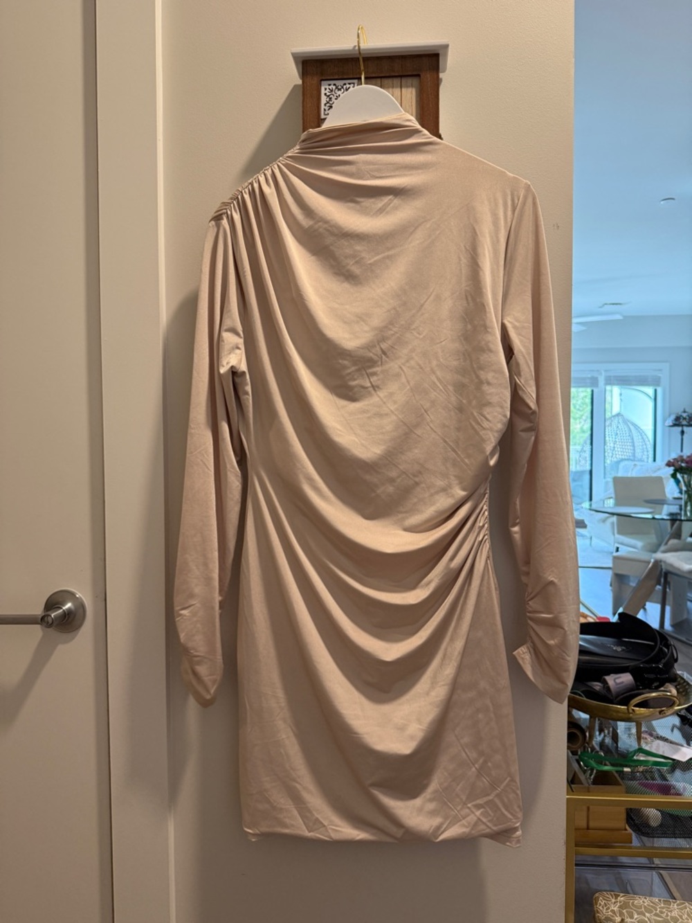 Karen Millen Draped Long-Sleeve Dress in Light Beige